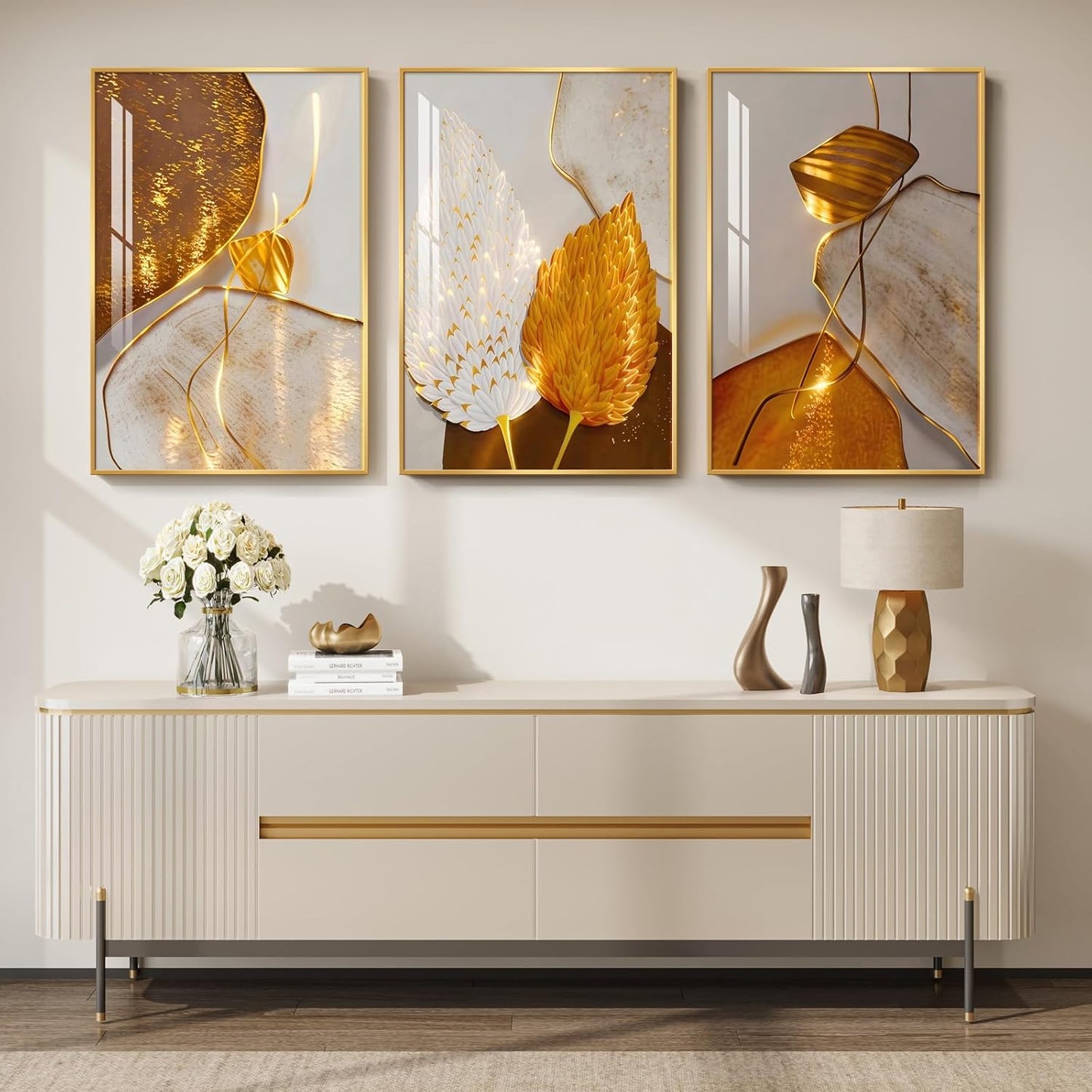 Framed Modern Luxury Gold Wall Art, Set of 3 Piece Contemporary Paintings Artwork for Walls, Golden Prints Pictures with Gold Frame, Wall Decor for Living Room, Hallway, Bedroom, Office 16x24 Inch