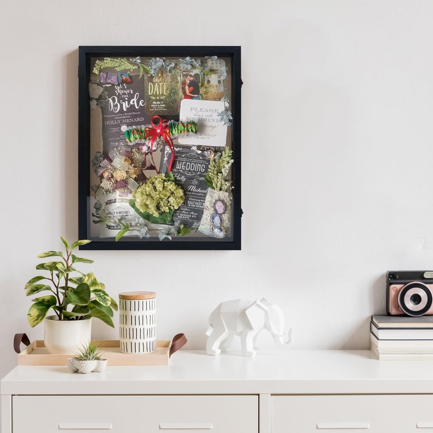 GraduationMall 13x16 Wood Shadow Box Frame Glass Door Display Case with Linen Back and 6 Stick Pins,1.5 inches Interior Depth,Ideal for Memorabilia Pictures Flowers Medals Tickets Rustic White