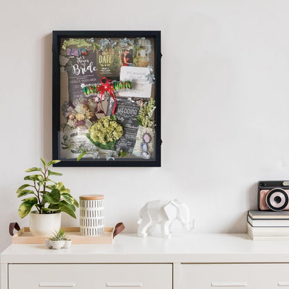 GraduationMall 13x16 Wood Shadow Box Frame Glass Door Display Case with Linen Back and 6 Stick Pins,1.5 inches Interior Depth,Ideal for Memorabilia Pictures Flowers Medals Tickets Rustic White