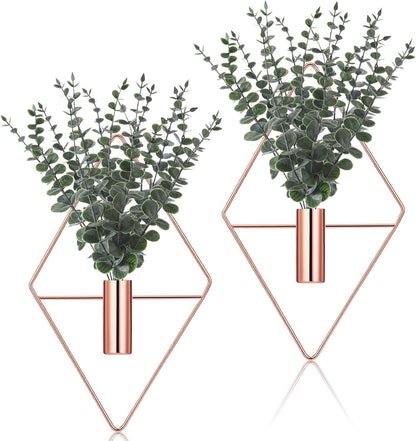 Jexine 4 Pcs Hanging Planters with Artificial Eucalyptus Metal Hanging Vase Indoor Plants Holder Modern Geometric Boho Bathroom Wall Decor for Living Room Home Office(Black)