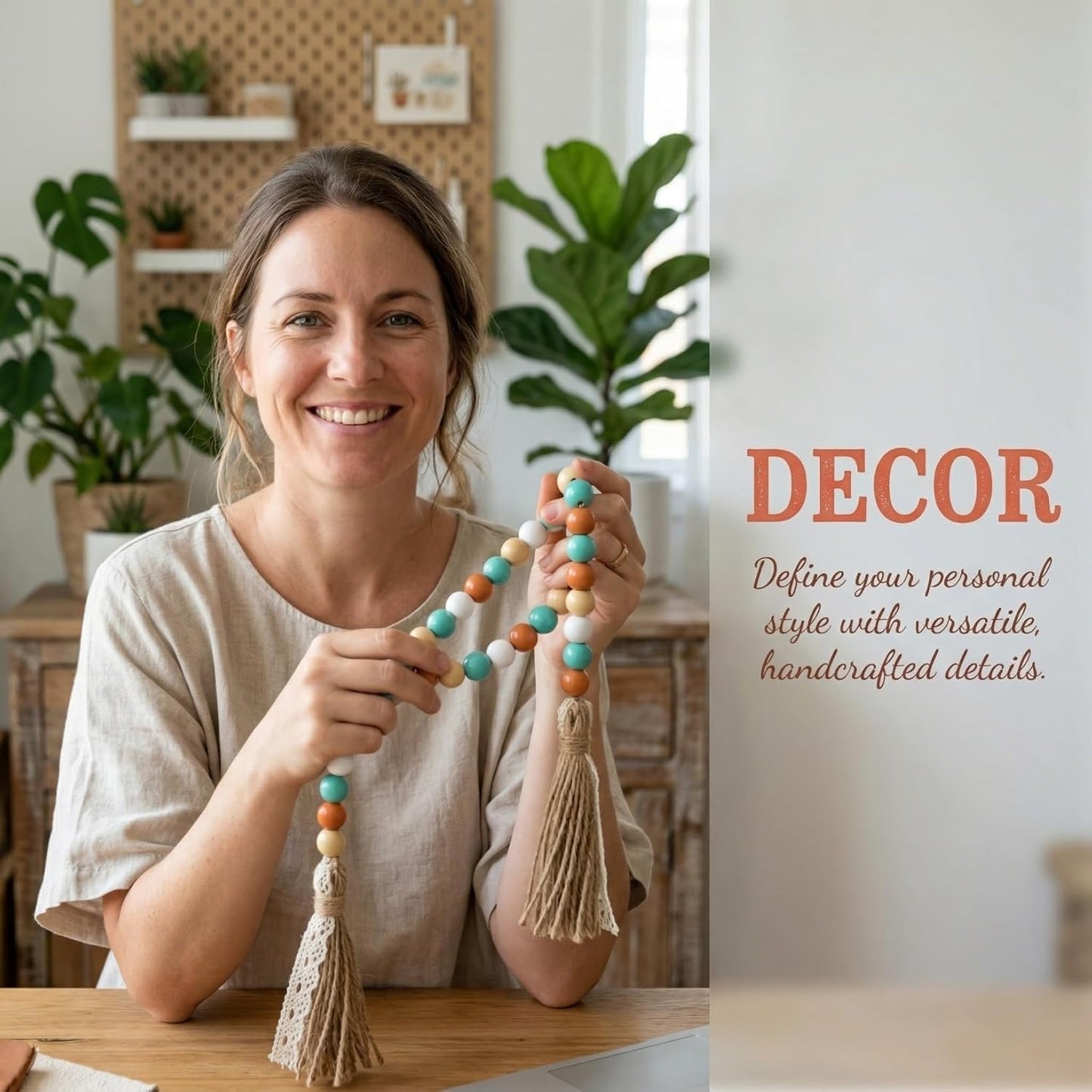 Wood Beads Garland with Tassels, 42.4in Farmhouse Rustic Style Colorful Wood Beads String, Large Antique Wooden Prayer, Boho Home Festival Decor Garland Rosary Rope