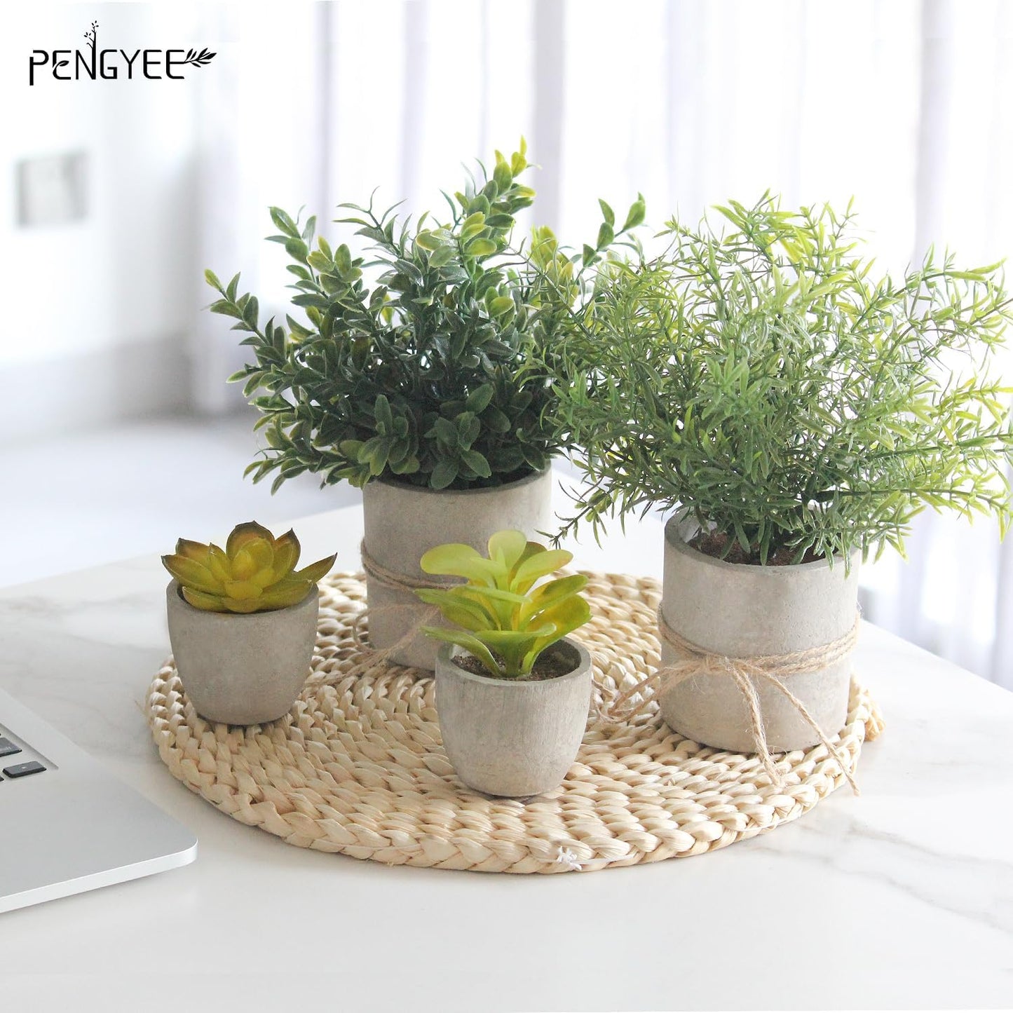 4 Pack Small Fake Plants in White Pulp Pot for Home Decor, Artificial Plants Indoor, Small Faux Plants Indoor for Bathroom Bedroom Kitchen Office Farmhouse Room Shelf Decor