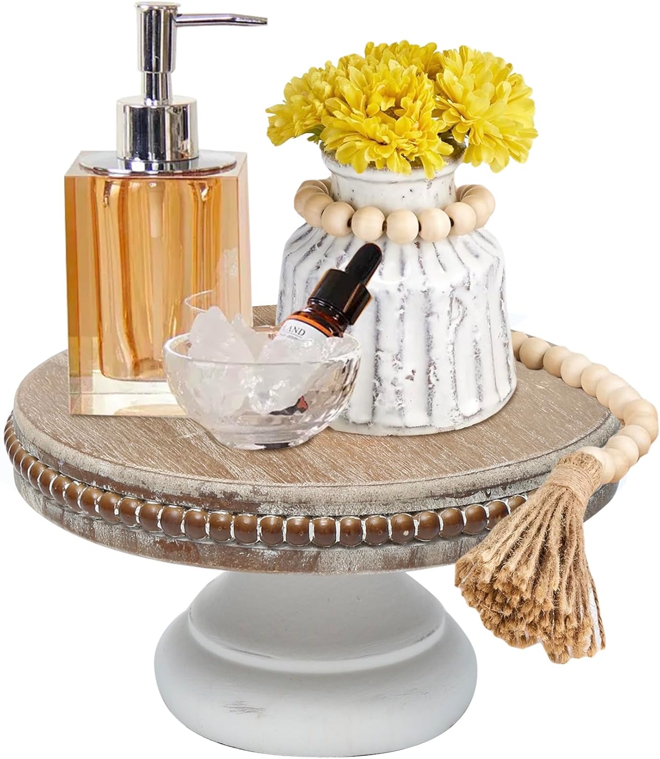 dwellington White Wash Round Display Wood Riser, 8.25” Shabby Chic Pedestal Tray Decor with Beads, Farmhouse Display Stands for Small Items in Coffee Bar, Bathroom, Kitchen Island