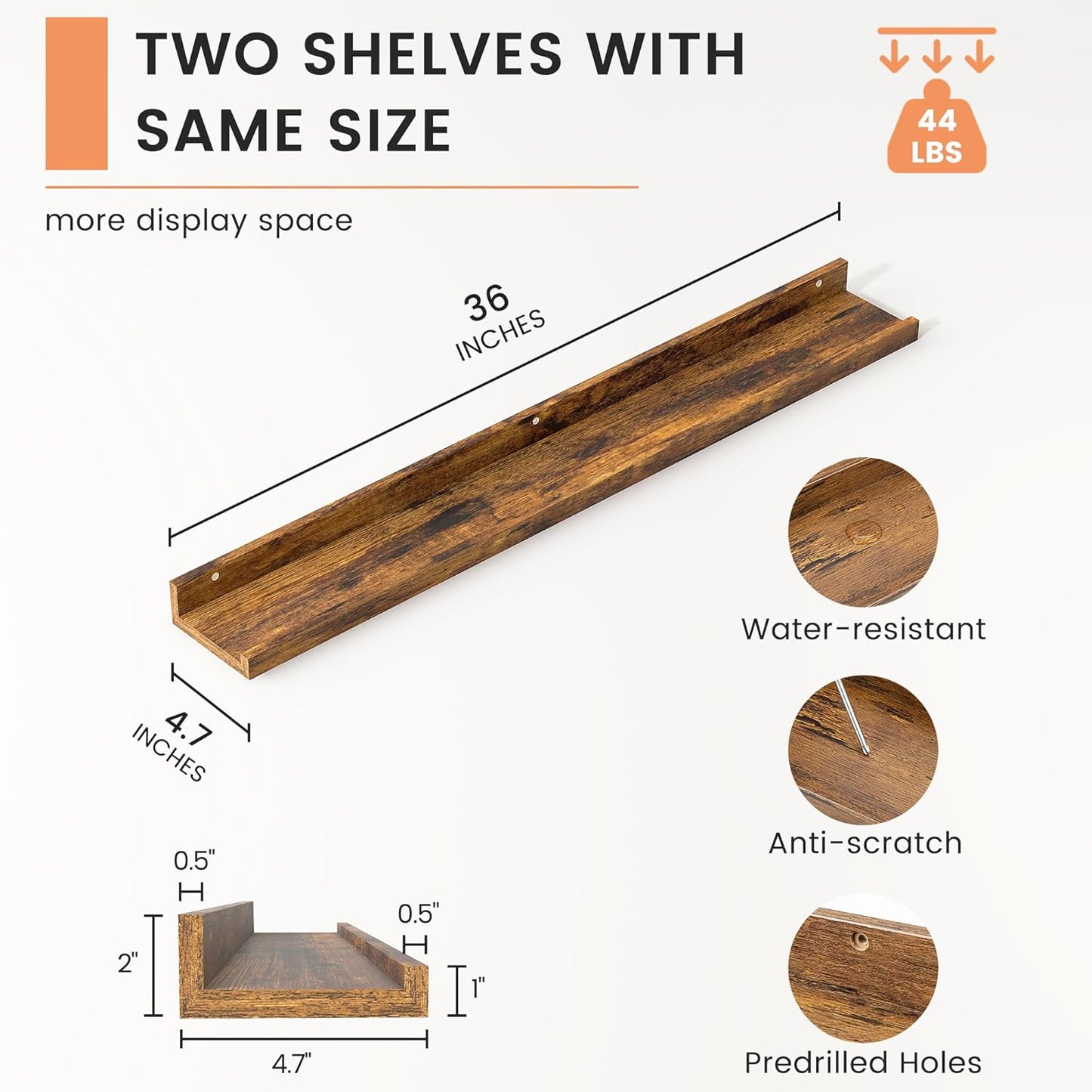 FLYJOE Picture Ledge Shelf, Floating Shelves Set of 2, 48 Inches Long Large Nursery Book Shelves for Toys Storage, Kids Bookshelf Wall Mounted for Living Room Bedroom Decor Books Photo Frames, Walnut