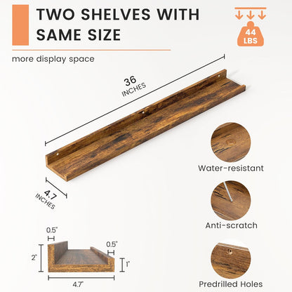 FLYJOE Picture Ledge Shelf, Floating Shelves Set of 2, 48 Inches Long Large Nursery Book Shelves for Toys Storage, Kids Bookshelf Wall Mounted for Living Room Bedroom Decor Books Photo Frames, Walnut