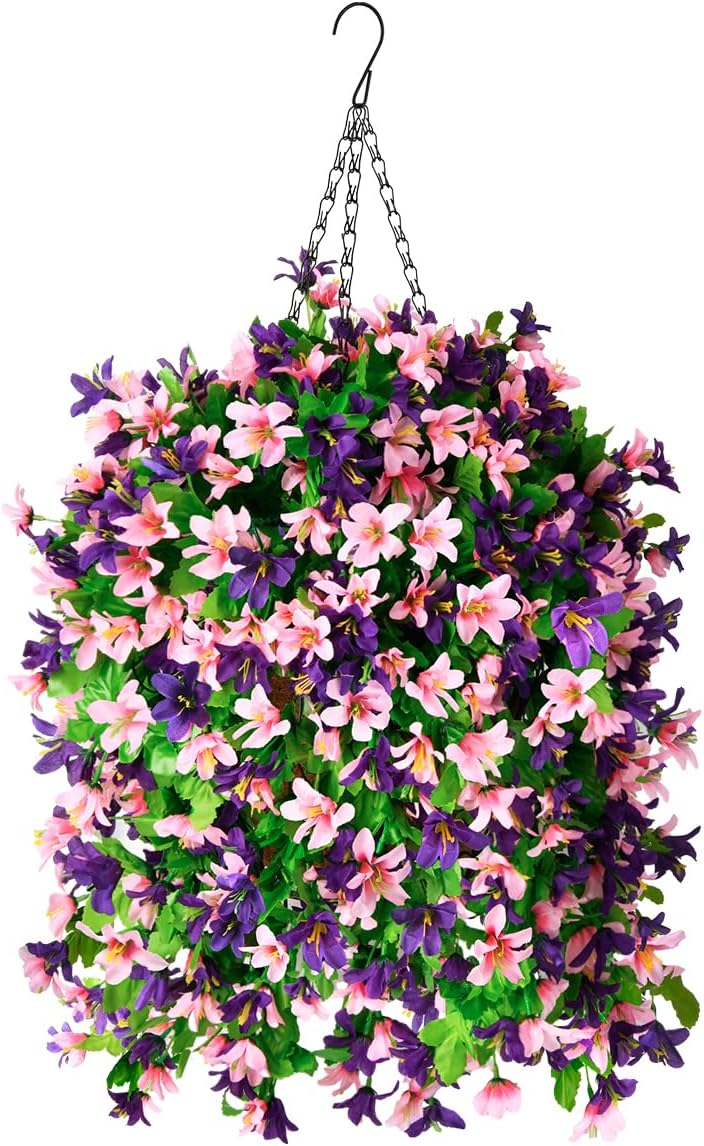 INQCMY Artificial Fake Hanging Plants Flowers Basket for Spring Summer Outdoor Outside Porch Decoration,UV Resistant Faux Silk Violet in Planter for Home Patio Balcony Garden Yard Decor(Red)