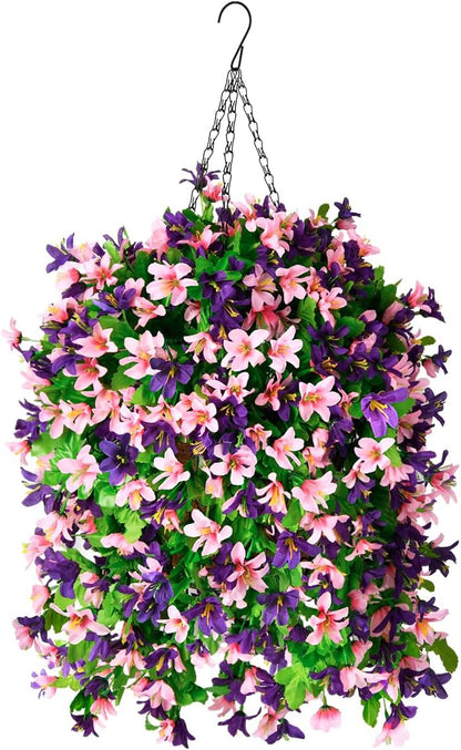 INQCMY Artificial Fake Hanging Plants Flowers Basket for Spring Summer Outdoor Outside Porch Decoration,UV Resistant Faux Silk Violet in Planter for Home Patio Balcony Garden Yard Decor(Red)