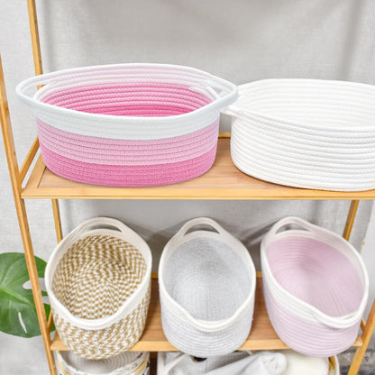 ABenkle Small Basket with Handles, Boho Decorative Rope Woven Dog Cat Toy Storage Bin Shelf Storage Organizer, Easter Christmas Gift Basket, 12"x8"x5", White