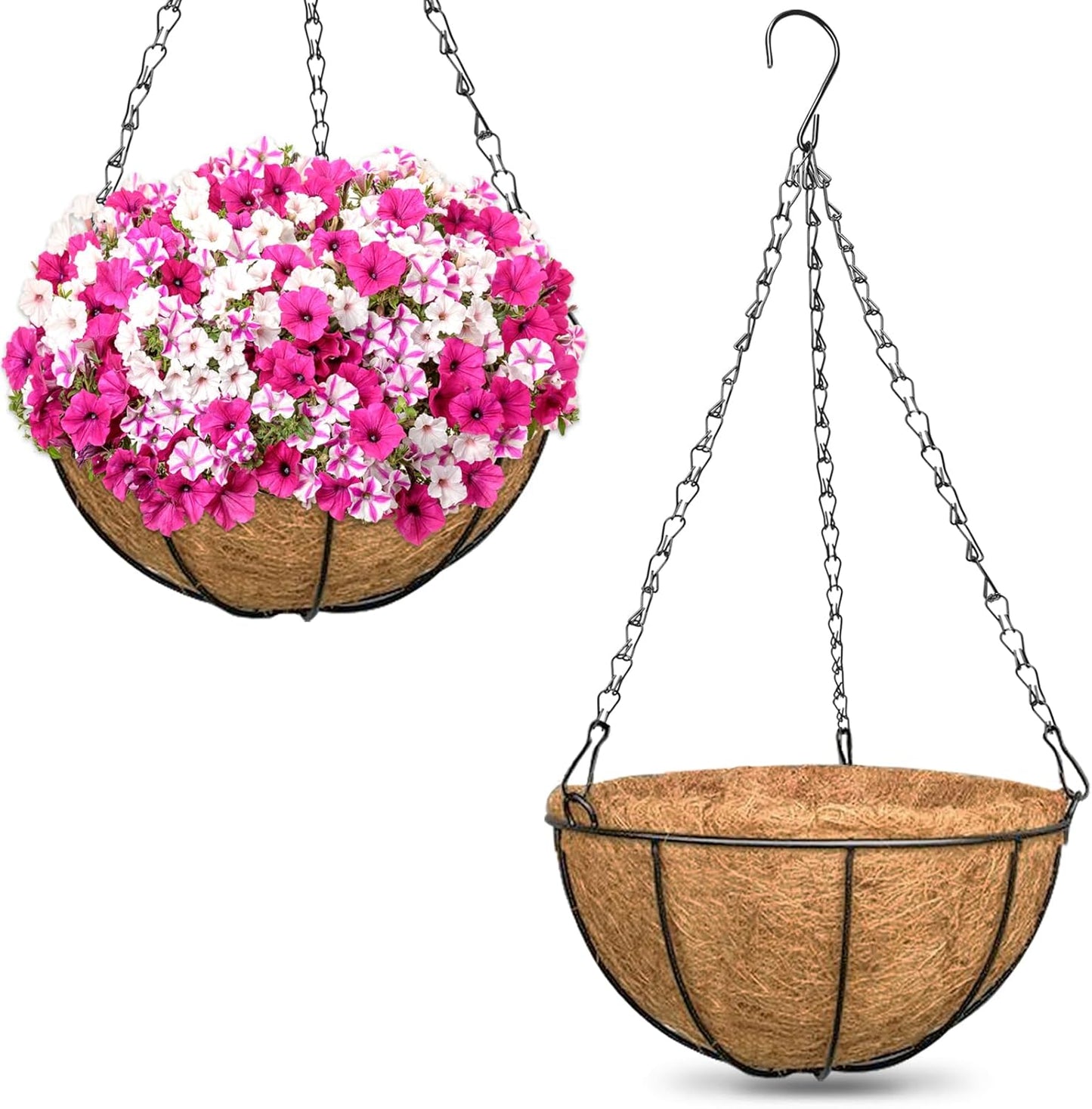 ZeeDix 2 Pack 14 Inch Hanging Baskets for Plants Outdoor, Metal Wire Round Planters with Coco Liner, Hanging Flower Baskets for Home Garden Porch Balcony Railings Decor