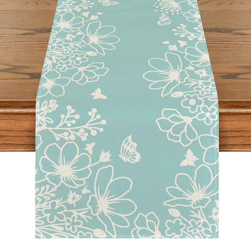 Artoid Mode Pink Bloom Flowers Butterfly Spring Table Runner, Seasonal Holiday Kitchen Dining Table Decoration for Home Party Indoor 13x72 Inch