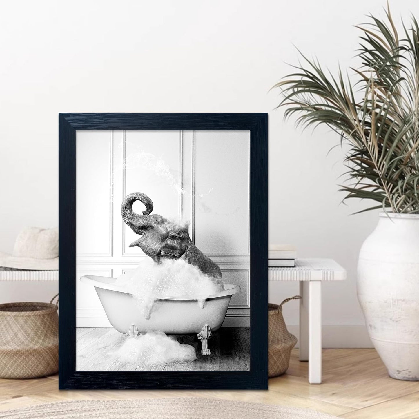 Bathroom Picture Wall Decor, Framed Black and White Bathroom Wall Art, Toilet Paper in Little Funny Raccoon's Hand Animal Canvas Print Painting