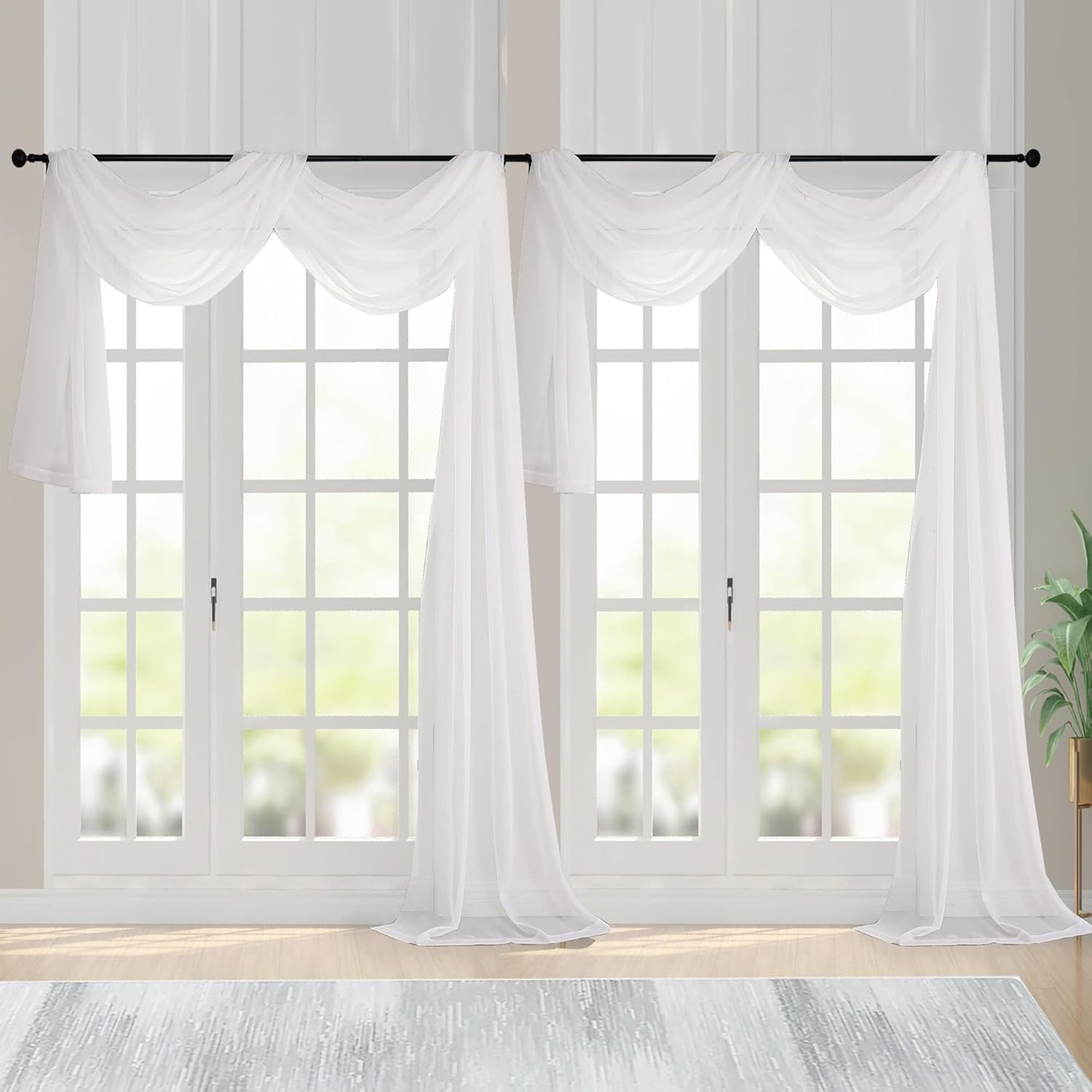 Chyhomenyc Sheer White Valances for Windows 2 Pack, Small Window Curtains for Living Room Bathroom Cafe Laundry Basement, Modern Top Dual Rod Pocket Voile Curtain, 42W x 14L inches, White - Colors C