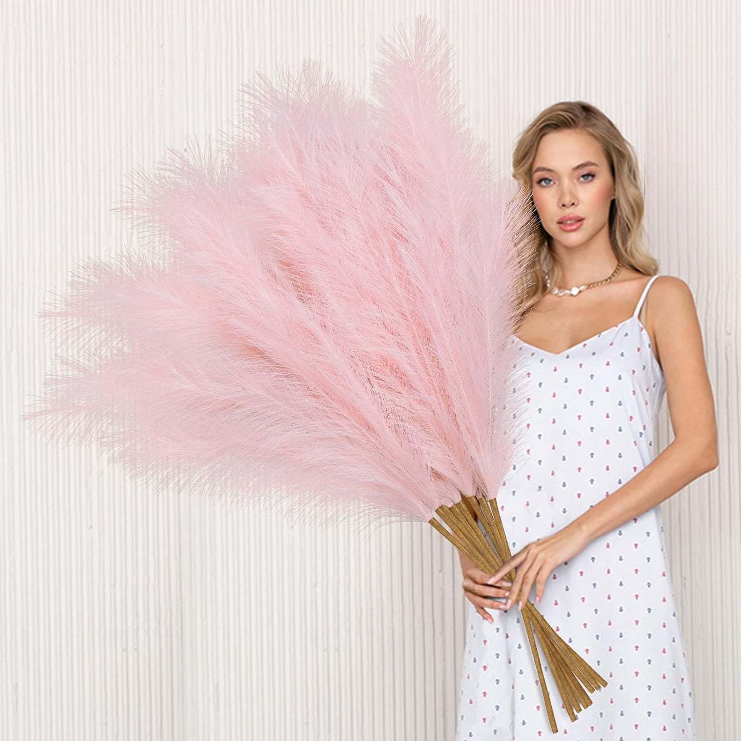 Ouddy Decor 8 Pcs Faux Pampas Grass Decor 38''/97cm Tall Artificial Large Pompous Pompas Floral Fluffy Fake Plants Floor Vase Filler for Wedding Kitchen Home Boho Decorations, Mixed Beige