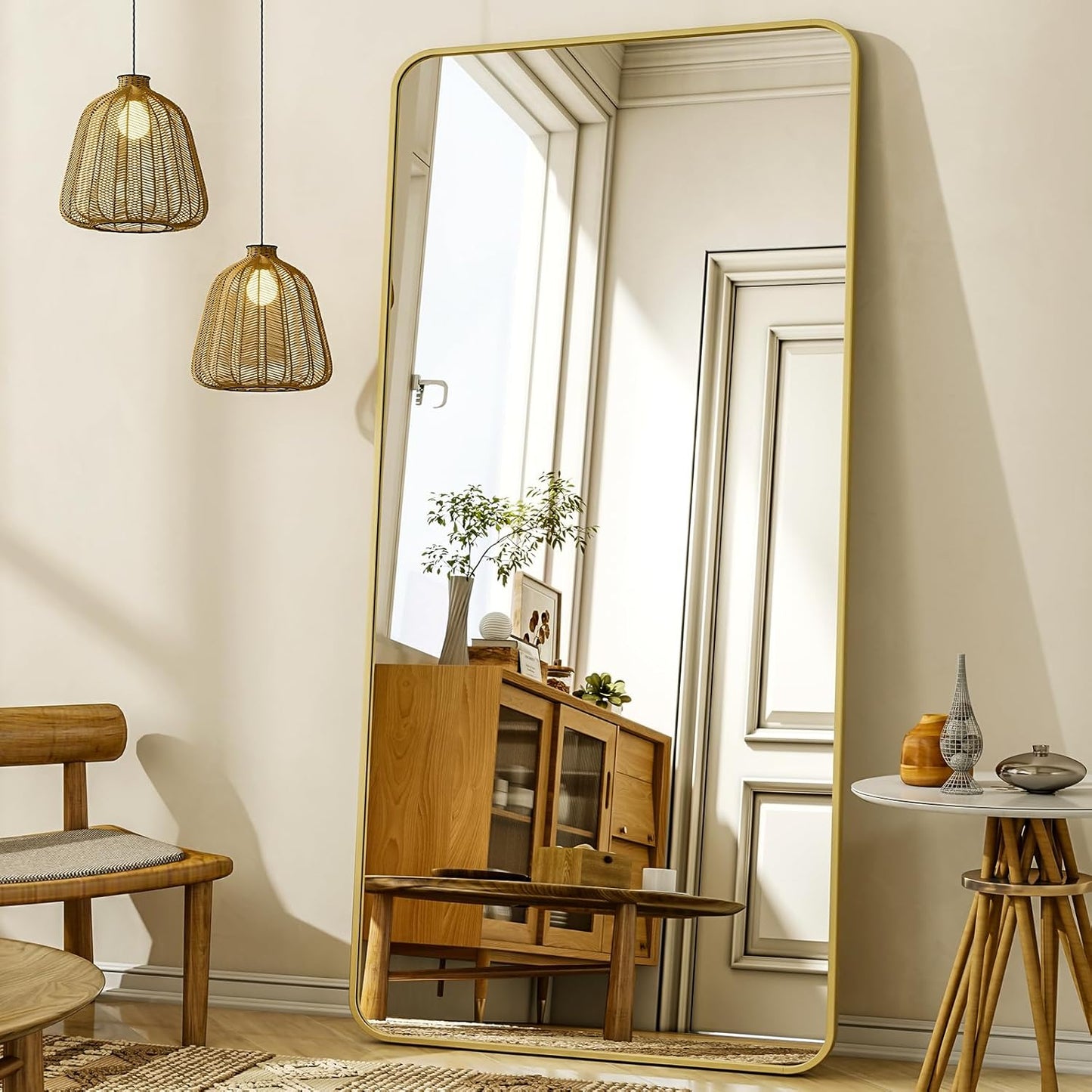 XRAMFY 56"x21" Floor Full Length Mirror Standing Full Body Rounded Corner Rectangle Mirrors with Stand Hanging Wall Mounted Leaning Bedroom Living Room Bedroom Cloakroom,Gold