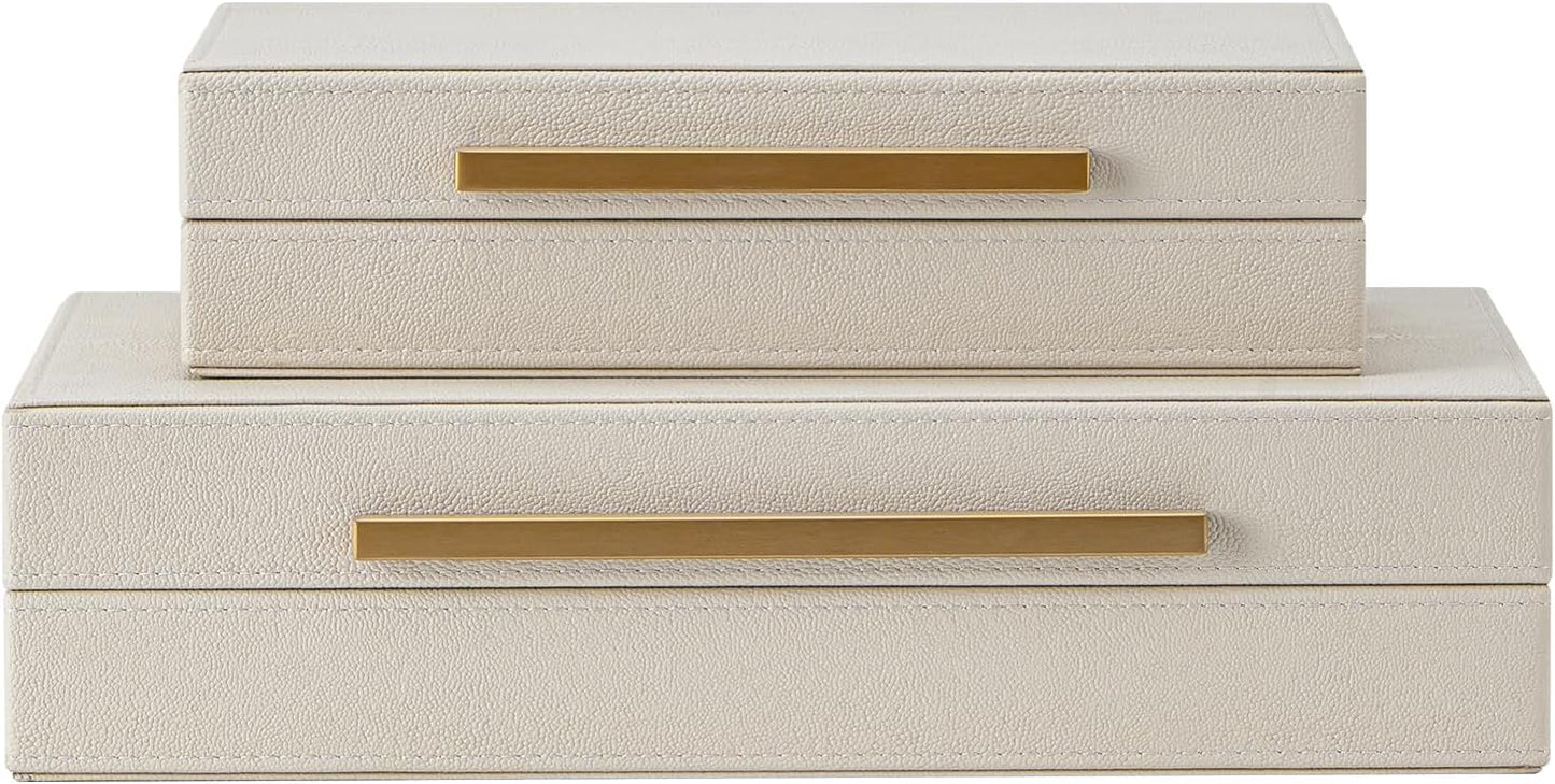 Set of 2 Beige Shagreen Decorative Storage Boxes with Gold Metal Handles – Faux Leather Jewelry & Memory Boxes, Nesting Photo Organizers for Home Decor
