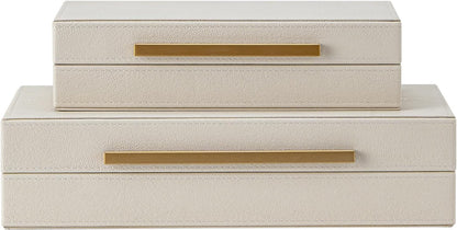 Set of 2 Beige Shagreen Decorative Storage Boxes with Gold Metal Handles – Faux Leather Jewelry & Memory Boxes, Nesting Photo Organizers for Home Decor