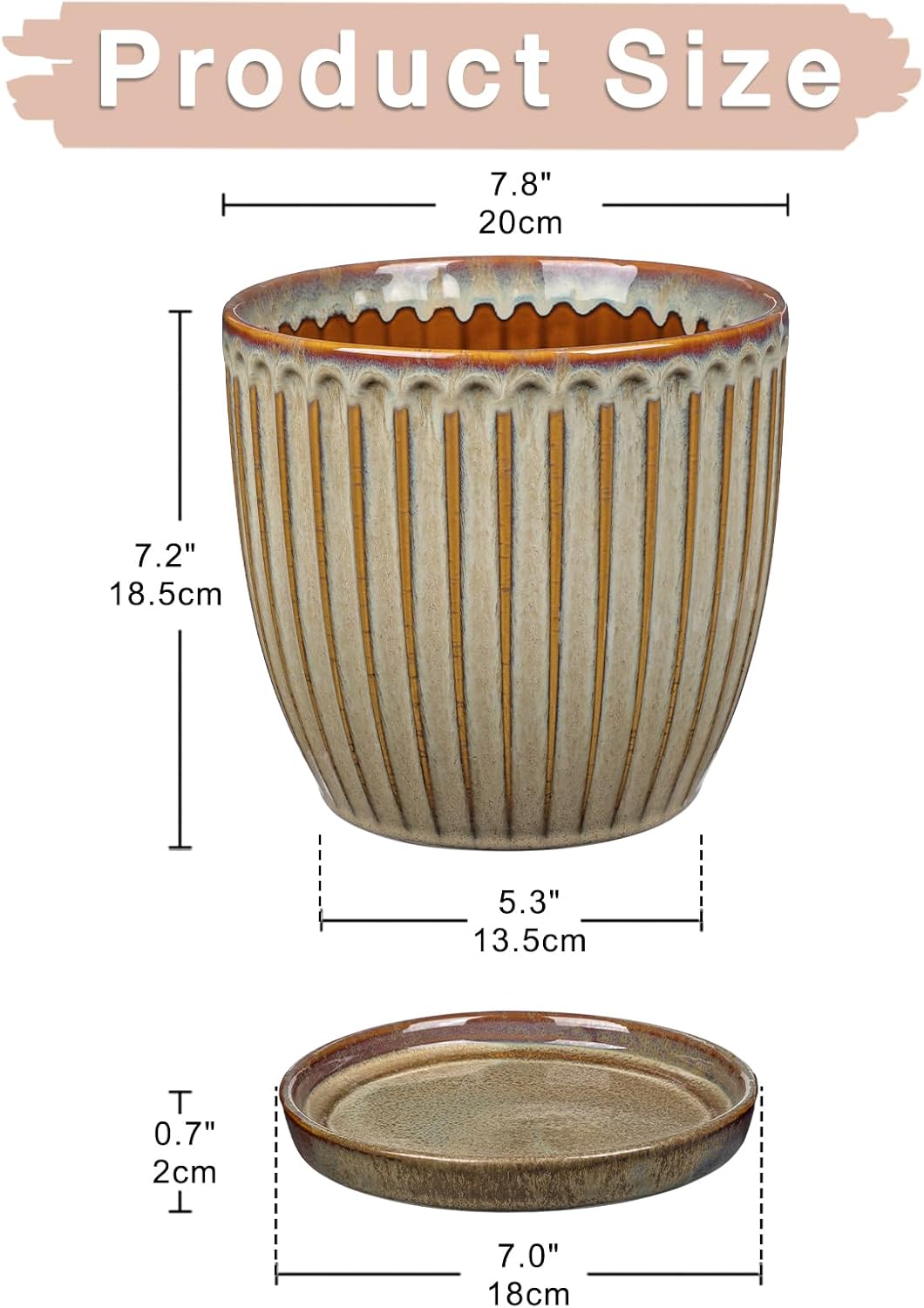 Oairse Ceramic Pots for Indoor Plants, 4.9 +5.7 inch Set of 2 Brown Plant Pots with Drainage Holes and Saucers Texture Ceramic Planters Indoor Outdoor Flower Planters for Succulent
