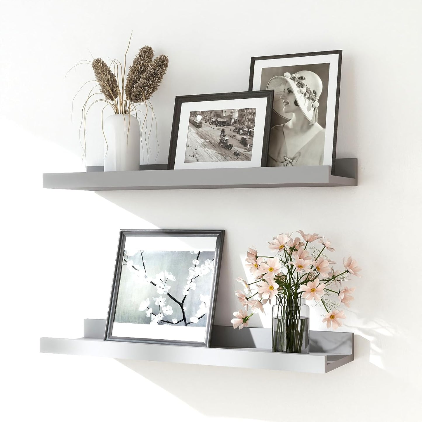 White Floating Shelves for Wall Decor, Wall Mounted Wood Storage Shelf for Bedroom, Living Room, Bathroom, Kitchen, Nursery, Display Picture Ledge Shelf with Lip Set of 2-14 Inches, White