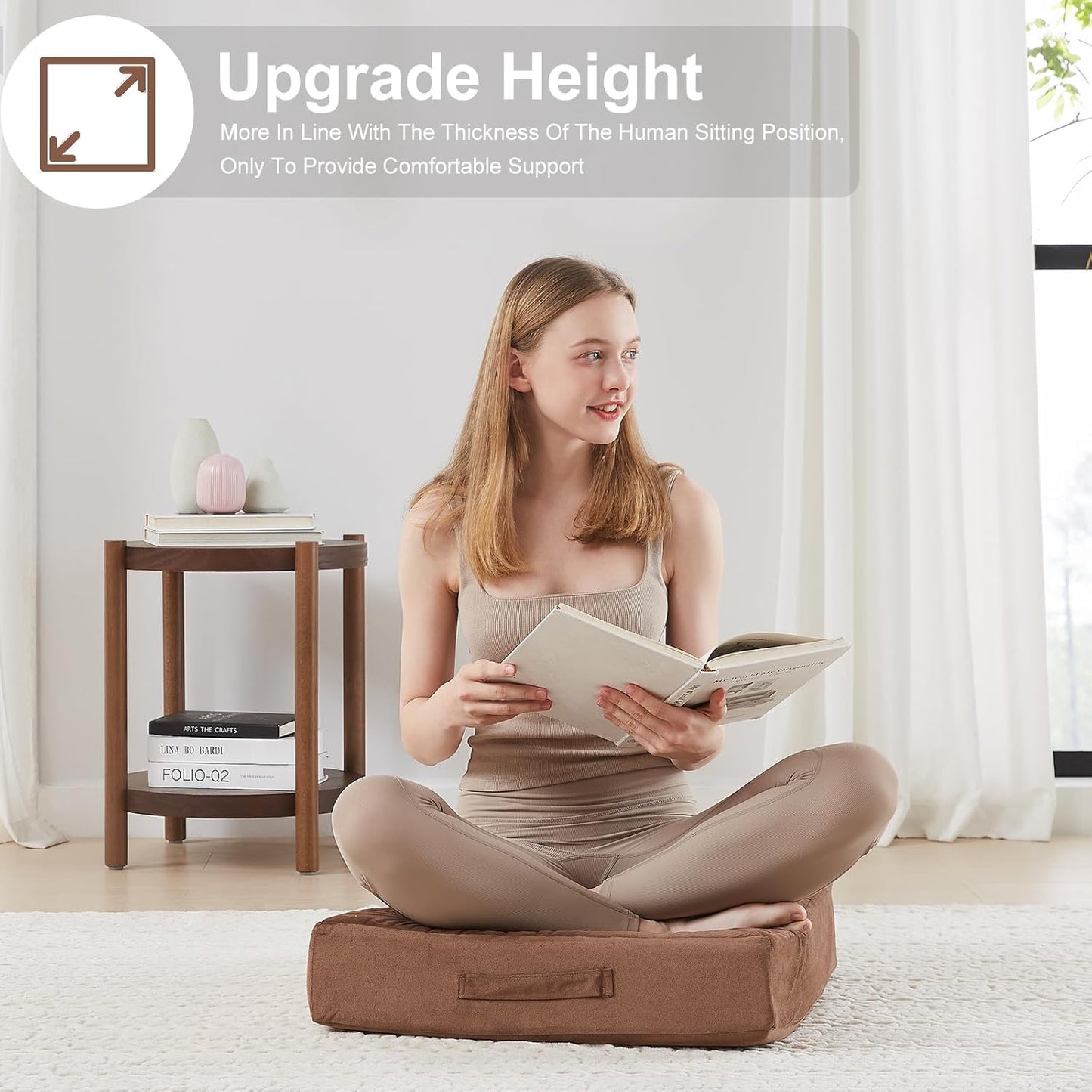 JKMAX 2 Pcs High Density Foam Floor Pillow - Upgraded Large Pillows Seating for Adults - Outdoor Floor Cushion with Soft Tufted Cover - Yoga Pillows for Sitting On Floor - 22 Inch Light Gray