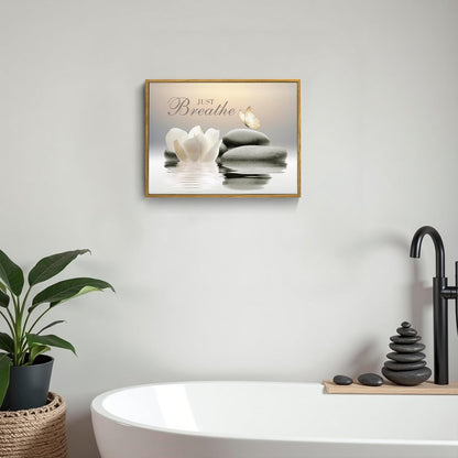EOBTAIN Zen Flower Canvas Wall Art Bathroom Butterfly and Water Lily Stone Relaxing Spiritual Yoga Framed Wall Art Just Breathe Pictures Canvas Wall Decor for Living Room Bedroom,12x16 Inches
