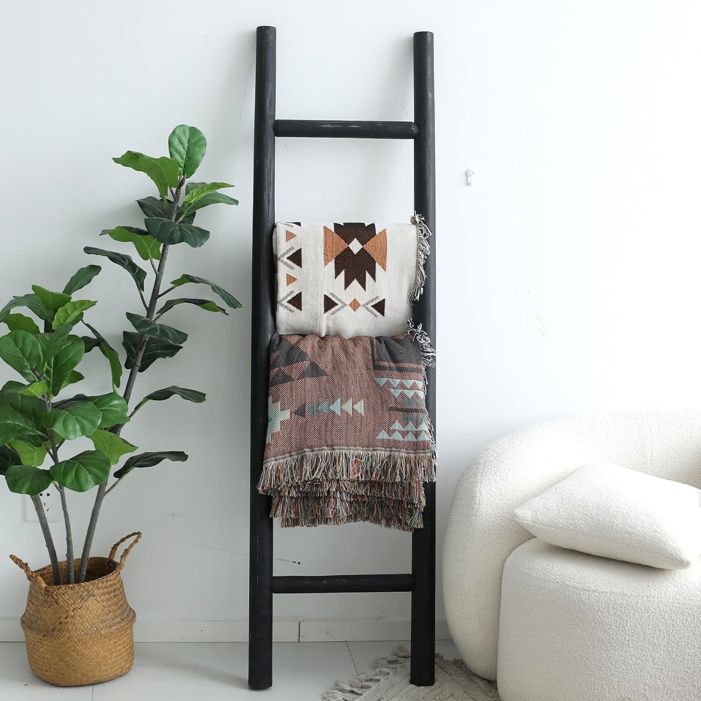 FUIN 57in Wood Blanket Ladder Living Room Decorative Wall Leaning Farmhouse Quilt Display Holder Rustic Wooden Towel Rack for Bathroom, Brown