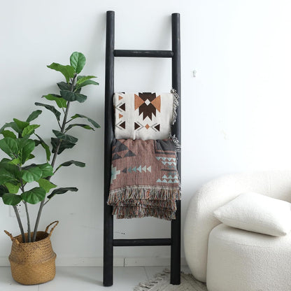 FUIN 57in Wood Blanket Ladder Living Room Decorative Wall Leaning Farmhouse Quilt Display Holder Rustic Wooden Towel Rack for Bathroom, Brown