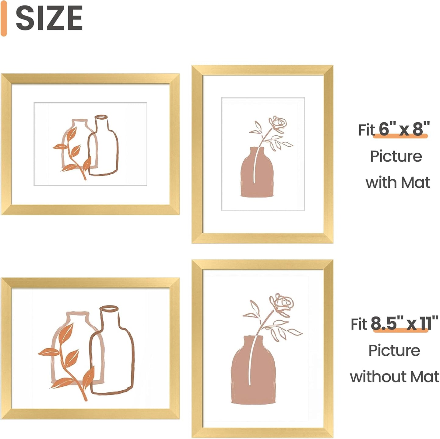 upsimples 11x14 Picture Frame Set of 5, Display Pictures 8x10 with Mat or 11x14 Without Mat, Wall Gallery Photo Frames, Black