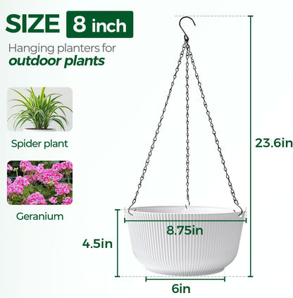 T4U 10 Inch Hanging Planters for Indoor Plants, 2 Pack White Self Watering Hanging Plant Pot, Hanging Pots Set with Drainage Hole & Plug & Chain with 3 Hooks for Garden Home Decor