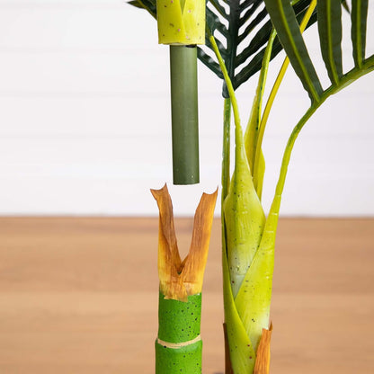 Nearly Natural 6.5ft Artificial Golden Cane Palm Tree, Lifelike Silk Indoor Palm With Three Textured Trunks Flexible Fronds Nursery Planter, Low Maintenance