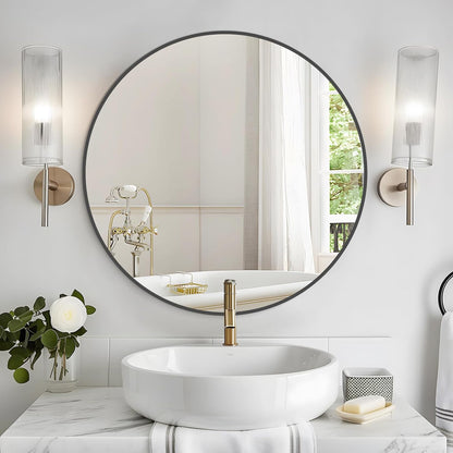 WallBeyond Wood Round Mirror with Wood Frame 24 inch Circle Wall Mirror for Bathroom Round Wall Mirror for Wall Decor, Vanity, Entryway Living Room (Walnut)