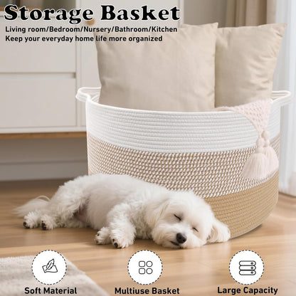 Large Woven Blanket Basket,65L Cotton Rope Laundry Basket Hamper with Handles, Decorative Nursery Basket Storage Bin for Toys, Clothes Organizer, Living Room, Bedroom, Bathroom, White & Brown