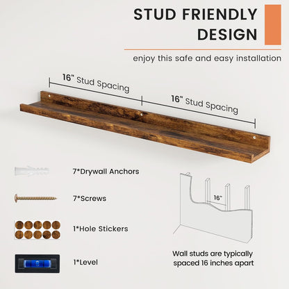 FLYJOE Picture Ledge Shelf, Floating Shelves Set of 2, 48 Inches Long Large Nursery Book Shelves for Toys Storage, Kids Bookshelf Wall Mounted for Living Room Bedroom Decor Books Photo Frames, Walnut