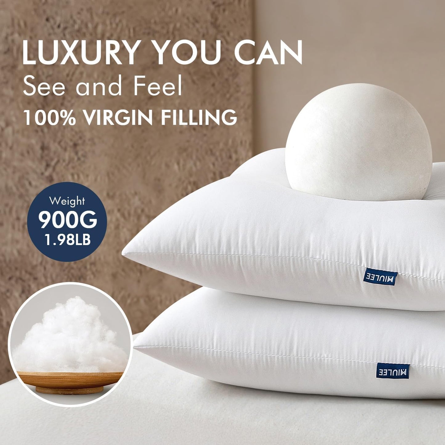 MIULEE Throw Pillows Inserts, Pack of 2 18x18 Inch 100% Virgin Fiber Filling Bed Couch Pillows