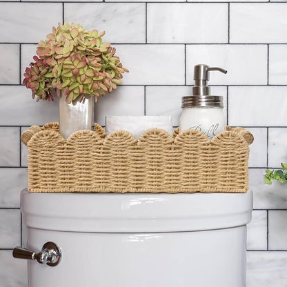 CubesLand Paper Rope Scalloped Edge Toilet Paper Storage Basket, Small Living Room, Bedroom Decor Baskets for Over Toilet Storage Shelf, End Table, Shelves and More, with 2 Wooden Handle, Neutral