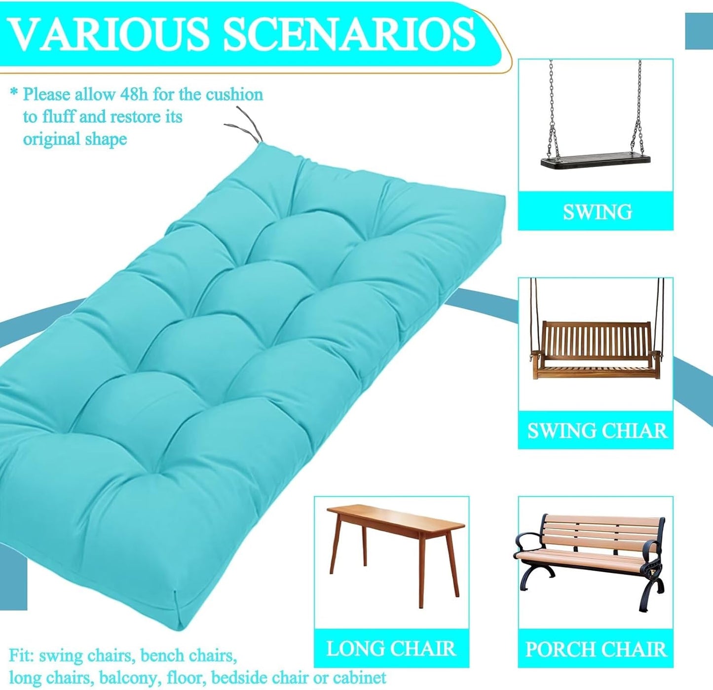 MTMR Outdoor Bench Cushion-44X19 Water-Repellent Tufted Porch Swing Cushions with High Elasticity PP Cotton and Ties Fade-Resistant Patio Outdoor Chair Cushion for Bench Furniture, Indoor Seat Cushion