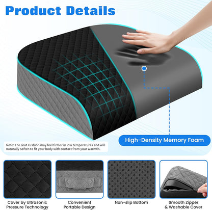 Seat Cushion, Memory Foam Chair Pad for Sciatica & Hip Pain Relief, Non-Slip Cushion for Office, Home, Car, Large Desk Chair Cushion, Washable Cover & Handle, Large, Black