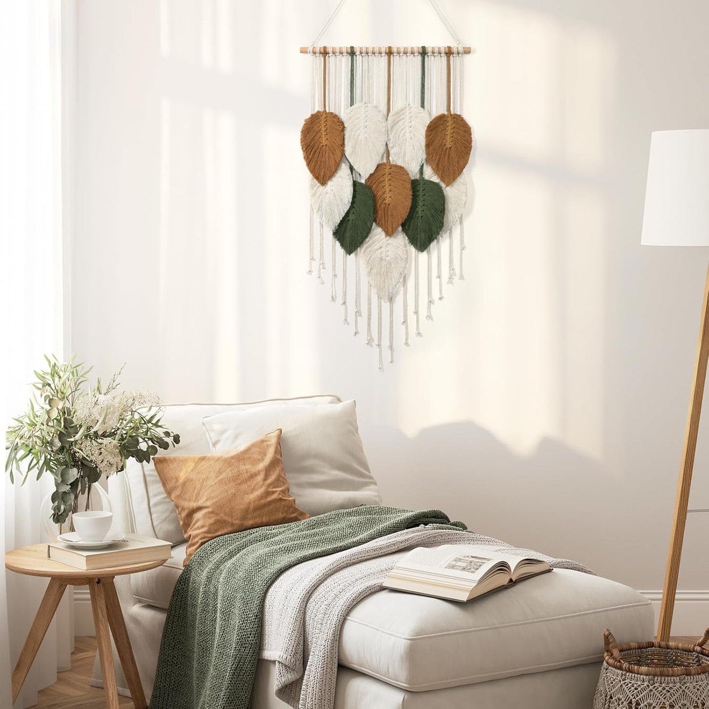 KHOYIME Large Macrame Wall Hanging Boho Woven Tapestry, Chic Home Decor Modern Bohemian Handmade Leaf Feather Wall Art Decorations for Apartment Dorm Living Room Bedroom Nursery Backdrop 39"W X 29.5"L