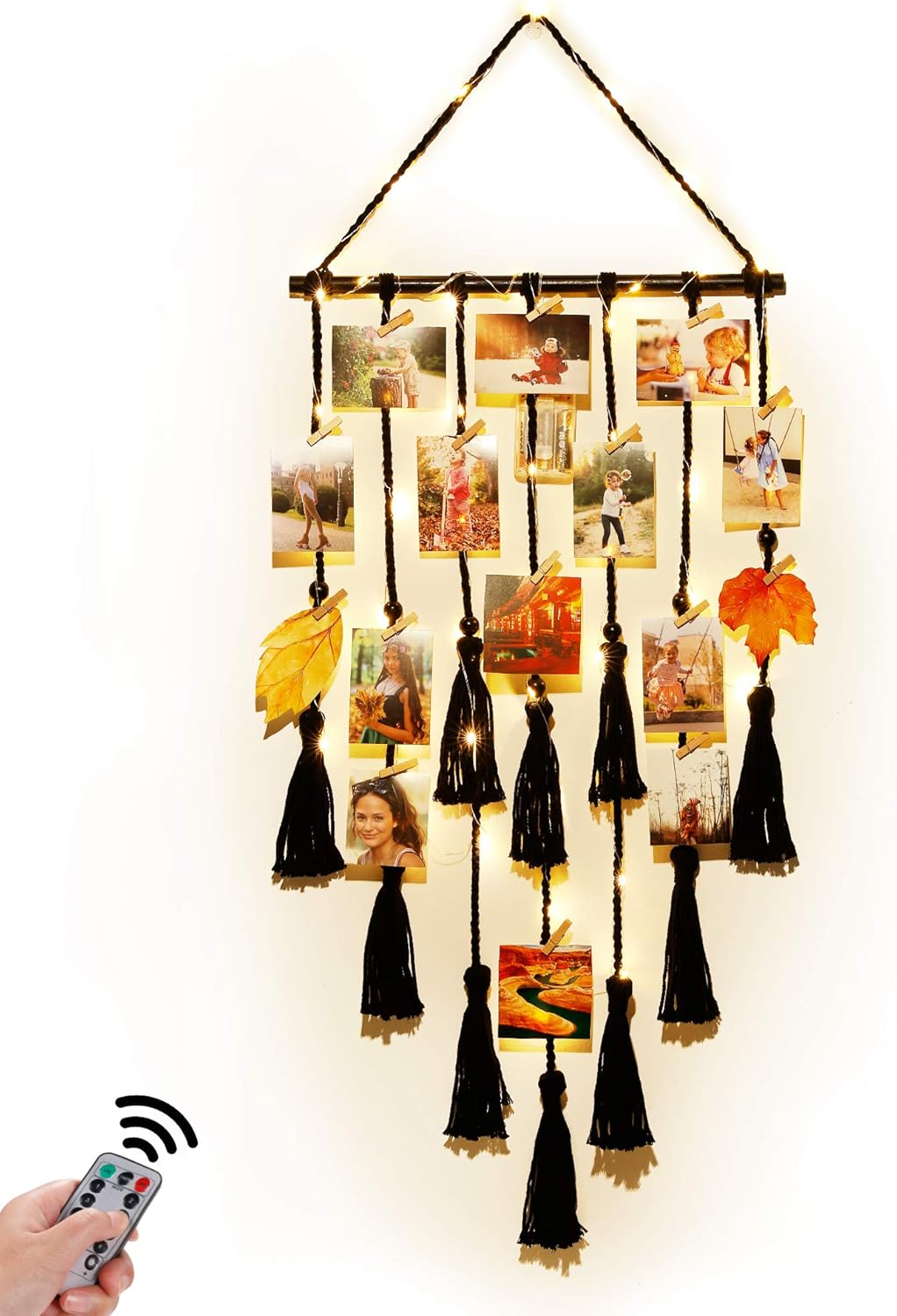 Homecor Hanging Photo Display Wall Decor, Macrame Wall Hanging Boho Room Bedroom Decor, Picture Frame Collage Board with Light 30 Clip, Christmas Teenage Teen Girl Gifts Ages 10 11 12 13 14 Years Old