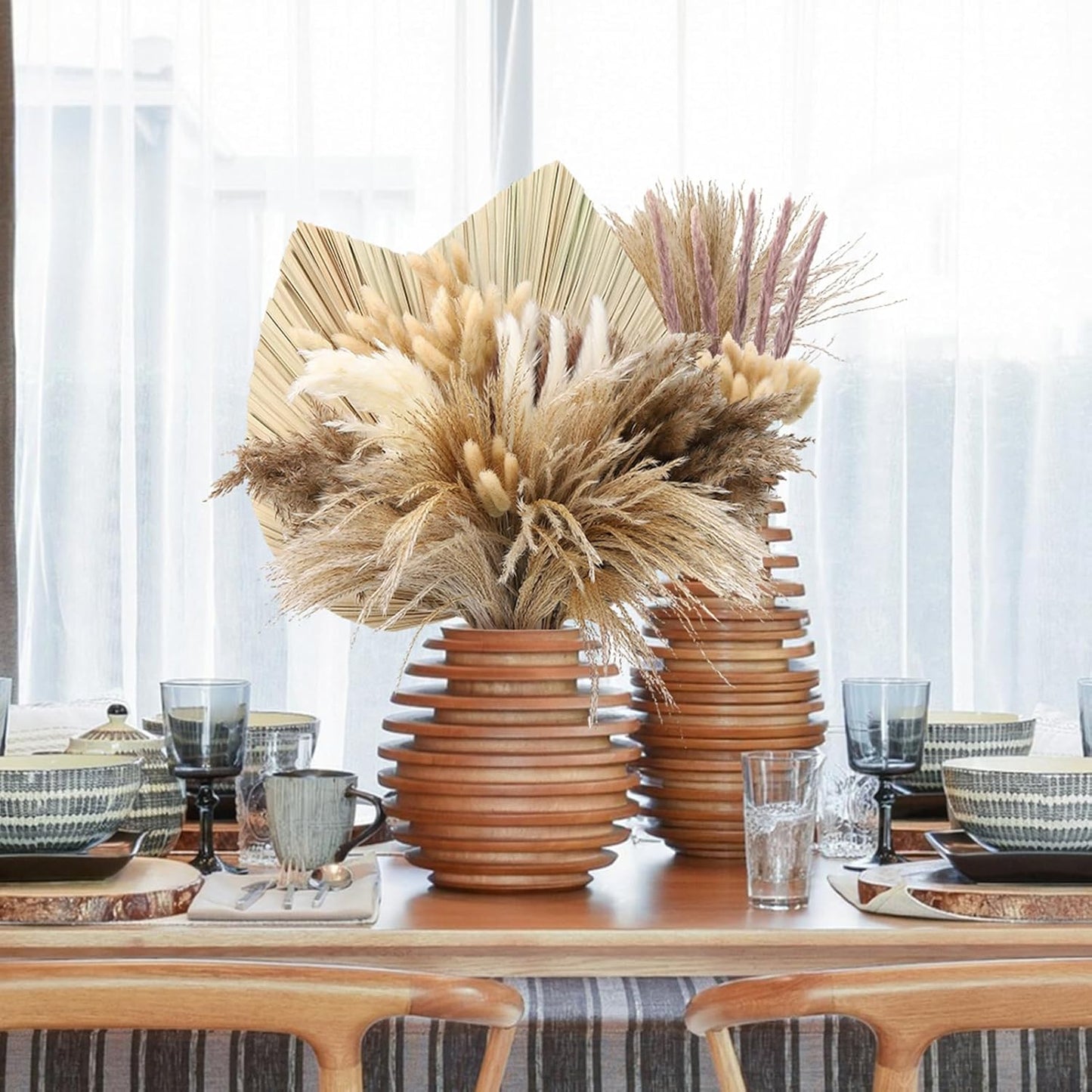 105 Pcs Boho Dried Pampas Grass Decor Bulk, Large Dried Palm Spears Bunny Tails Pampas Reed Grass Dried Palm Leaves Dried Flower Bouquet Boho Centerpieces for Wedding Home Tables Decor