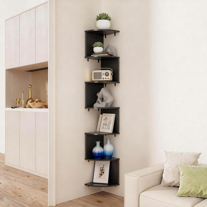 No-Drill Corner Shelf Wall Mount, 5-Tier Floating Corner Bookshelf with Hooks, Space-Saving Zigzag Plant Shelf for Bedroom, Living Room, Bathroom, Home Office