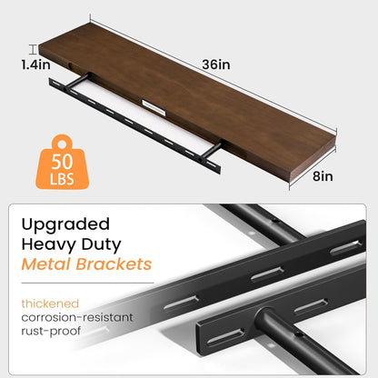 Floating Shelves 36 Inches Long - 8 Inch Deep Rustic Premium Solid Pine Wood for Storage - Farmhouse Wall Mounted for Living Room - Heavy-Duty Metal Bracket - 36" W x 8" D - Set of 2 - White Color