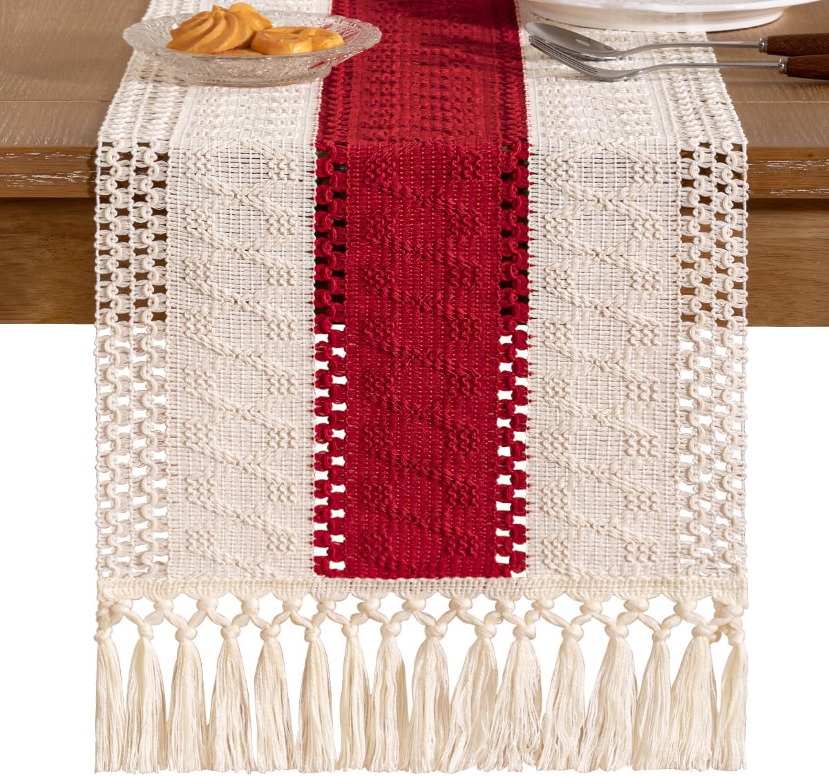 Socomi Boho Table Runner Summer Farmhouse Rustic Dining Kitchen Centerpiece Decor Small Macrame Woven Cotton Linen Coffee Table Runner for Dresser Scarf Home Decor 12x36 inch Beige
