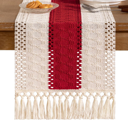 Socomi Boho Table Runner Summer Farmhouse Rustic Dining Kitchen Centerpiece Decor Small Macrame Woven Cotton Linen Coffee Table Runner for Dresser Scarf Home Decor 12x36 inch Beige