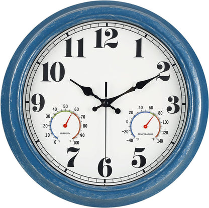 JENLYSTIME 12 Inch Indoor/Outdoor Retro Waterproof Wall Clock with Thermometer Silent Round Quartz Battery Operated Easy to Read Decorative for Kitchen Patio,Bathroom,Deck,Porch,Pool(Blue)
