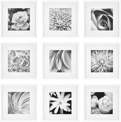 Gallery Perfect 12x12 Picture Frames, 9 Piece Set with Real Glass Cover for 8x8 Photos With Mat, Picture Frames Collage Wall Decor for Gallery Wall, Home Decor, Black