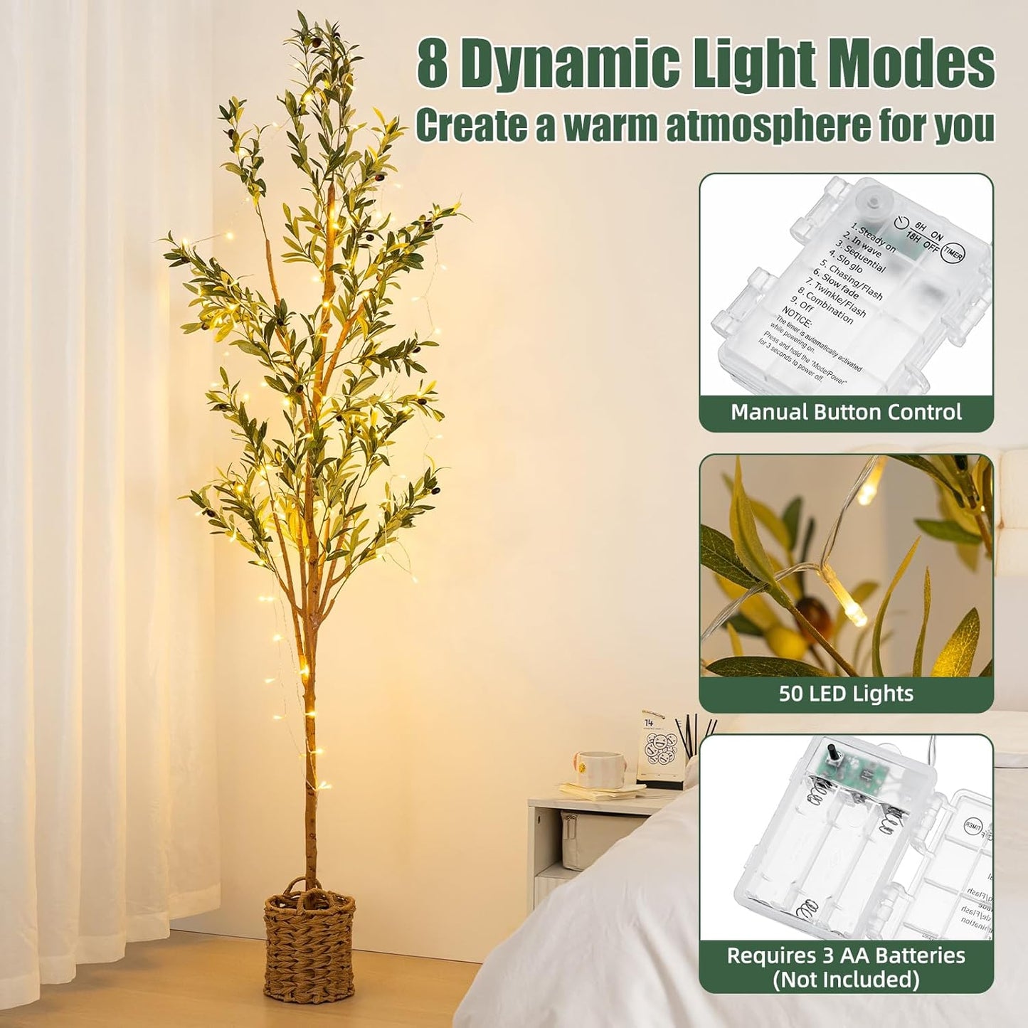 6ft Artificial Olive Tree with LED Fairy Lights, Tall Faux Potted Plant with Woven Basket - Natural Wooden Trunk & Lifelike Leaves & Fruits for Indoor Home Office Foyer Decor Housewarming Gift