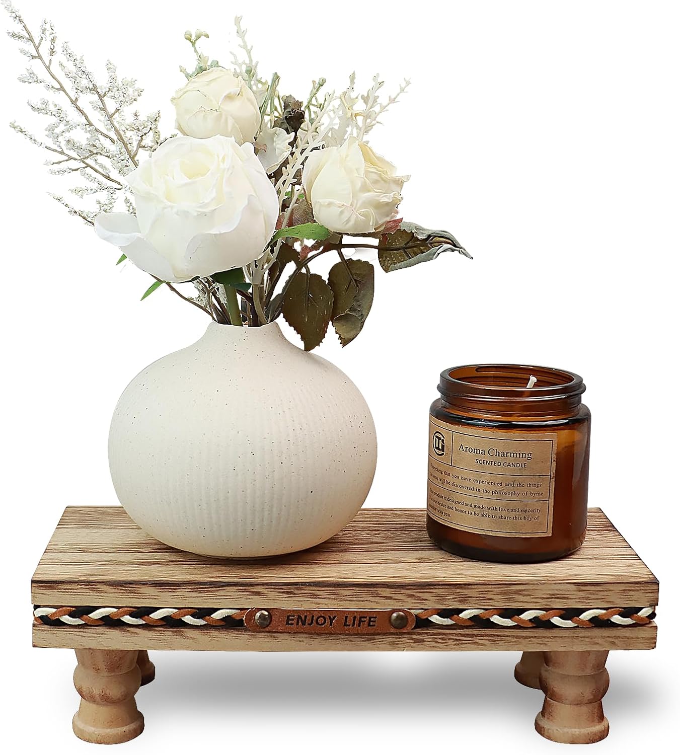 Wood Tray Pedestal Stand, Waterproof Bathroom Counter Organizer, Modern Farmhouse Riser for Soap/Candle/Sponge White Small