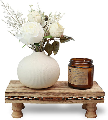 Wood Tray Pedestal Stand, Waterproof Bathroom Counter Organizer, Modern Farmhouse Riser for Soap/Candle/Sponge White Small