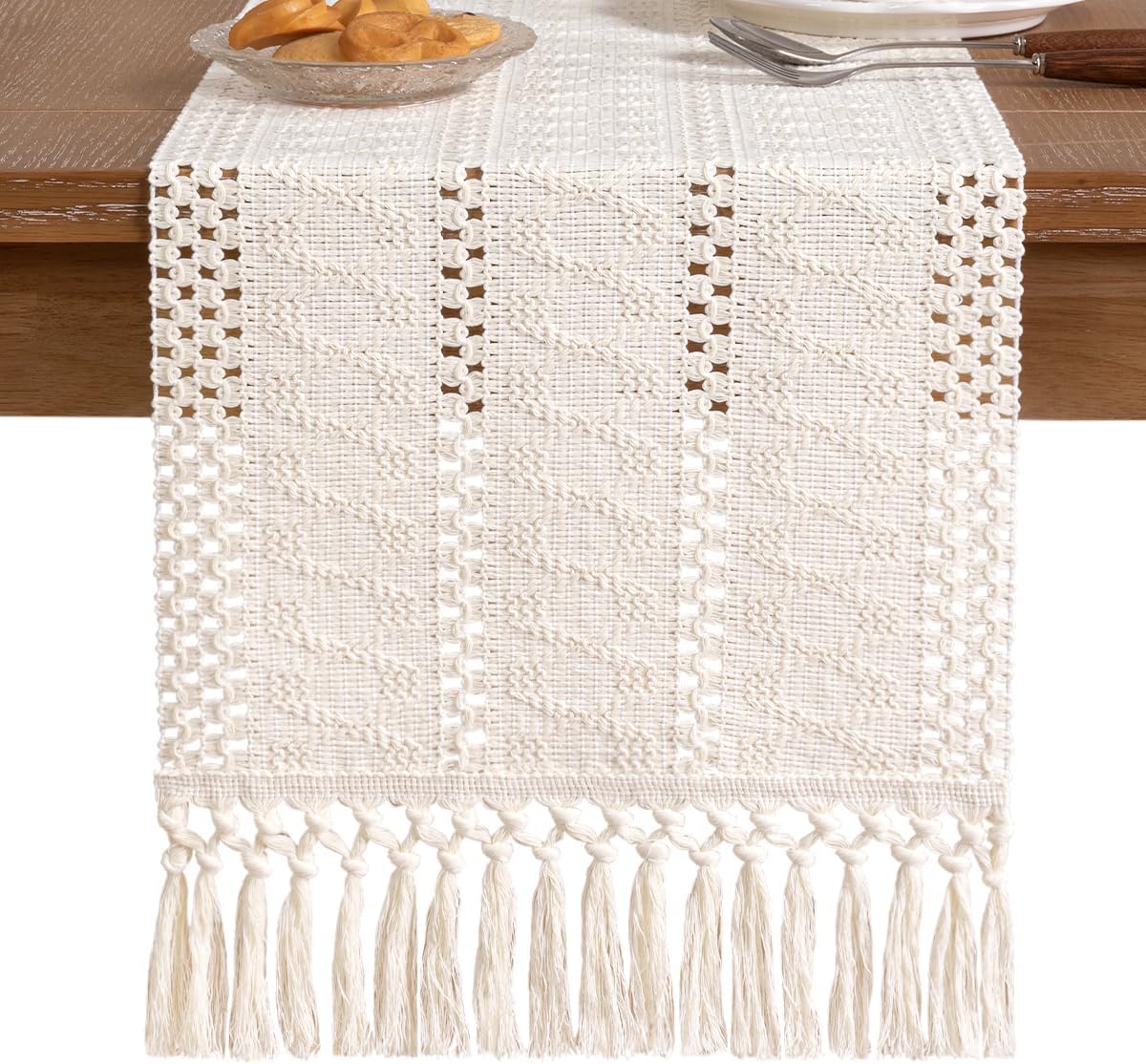 Socomi Boho Table Runner Summer Farmhouse Rustic Dining Kitchen Centerpiece Decor Small Macrame Woven Cotton Linen Coffee Table Runner for Dresser Scarf Home Decor 12x36 inch Beige
