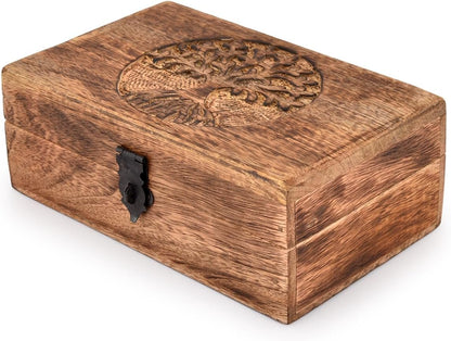 Samhita Handmade Mango Wood Tree of Life Engraving Beautifully Keepsake Box Jewellery Organiser Unique Gift Ideas for Men & Women (Flame Work Finish)